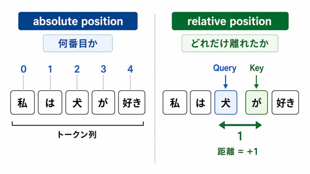 absolute positionとrelative positionがtokenの場所と距離を見る違い