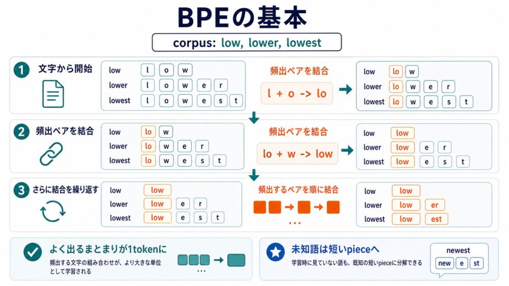 BPEが文字から始めて頻出ペアを結合していく流れ