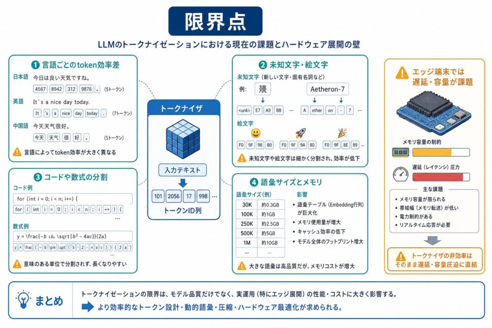 LLM tokenizationの限界とハードウェア搭載時の課題を示す図