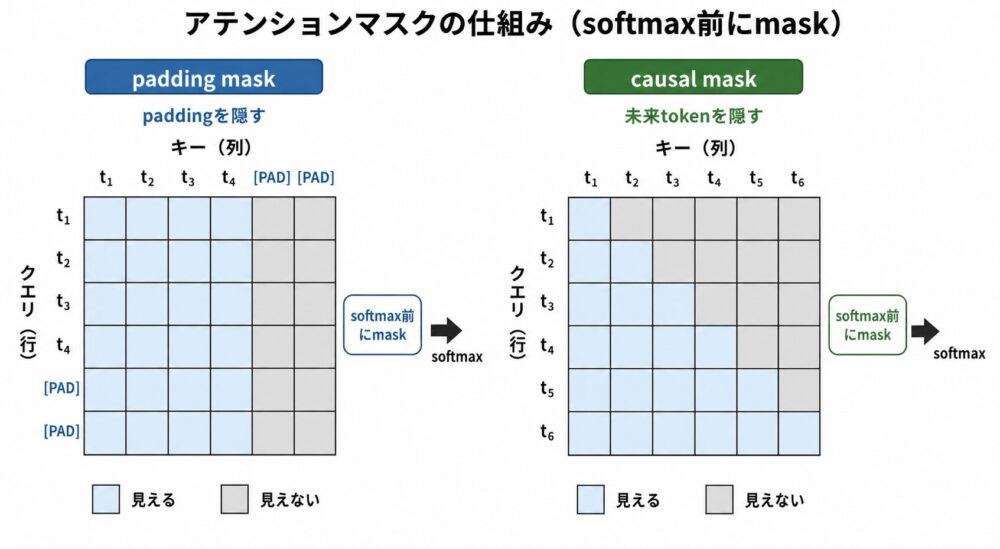 padding maskとcausal maskをsoftmax前に適用する流れ