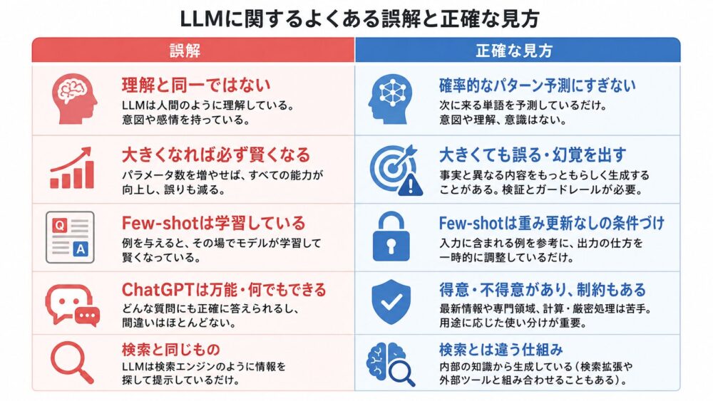 LLMのよくある誤解と正確な見方を比較した図
