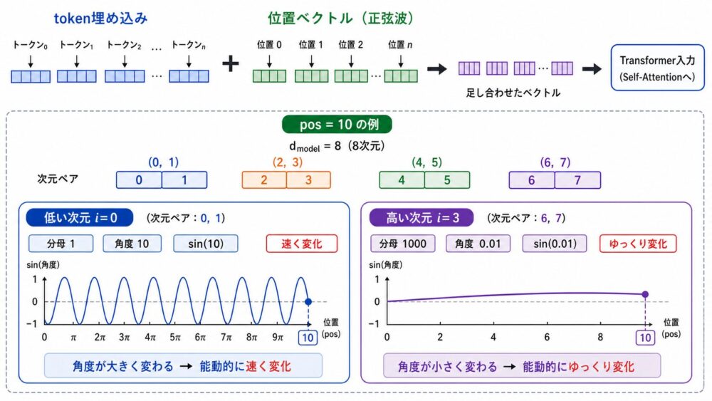 sinとcosで作った位置ベクトルをtoken embeddingへ足す流れ
