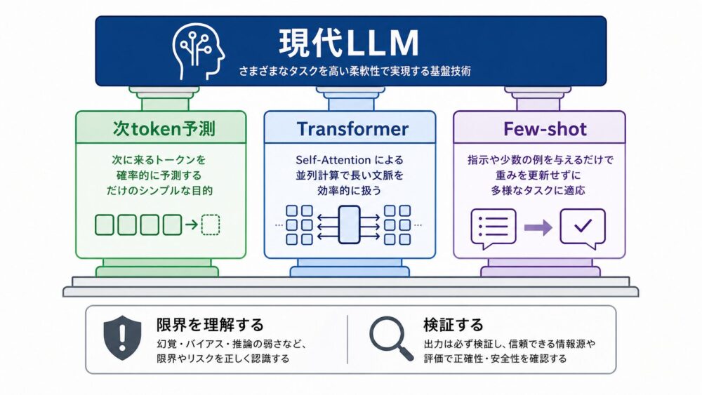 LLM理解の柱として次token予測、Transformer、Few-shotを整理した図