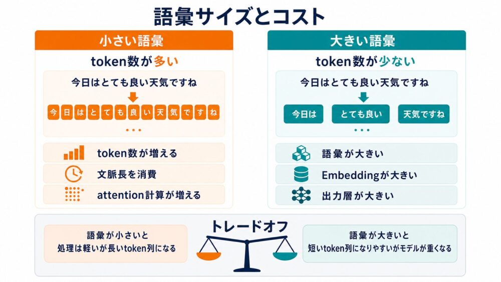語彙サイズとtoken数が推論コストやEmbedding/出力層サイズに影響する流れ