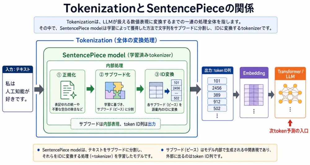 Tokenization全体の中でSentencePiece modelがサブワード化とID変換を行い、token ID列を出力する流れ