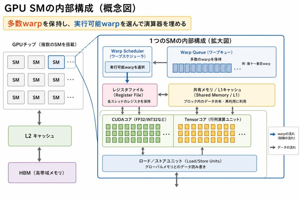 GPU SMとwarp schedulerの概念図