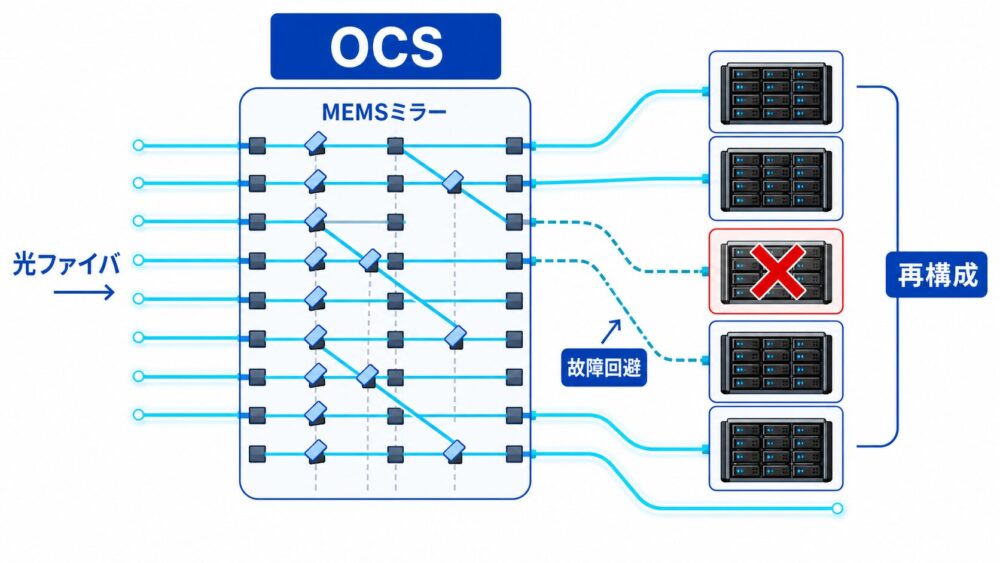 OCSによる光ファイバ、MEMSミラー、再構成、故障回避の概念図