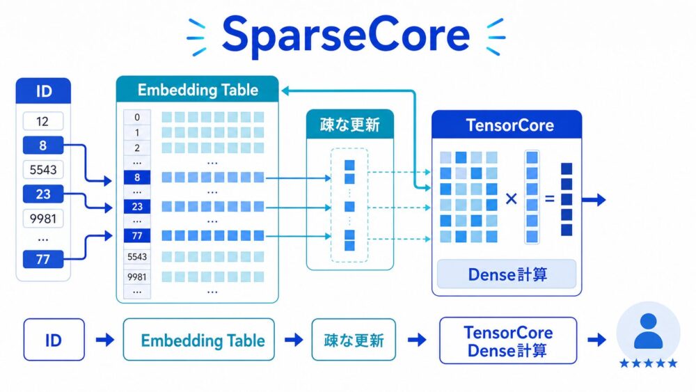 SparseCoreがID、Embedding Table、疎な更新、TensorCoreのDense計算と連携する流れ