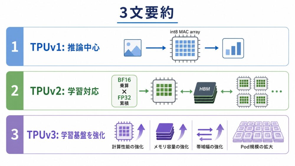 TPUv1、TPUv2、TPUv3の3文要約