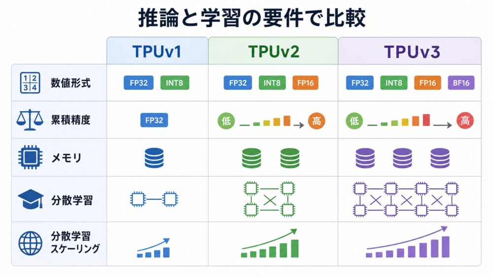 TPUv1、TPUv2、TPUv3を推論と学習の要件で比較