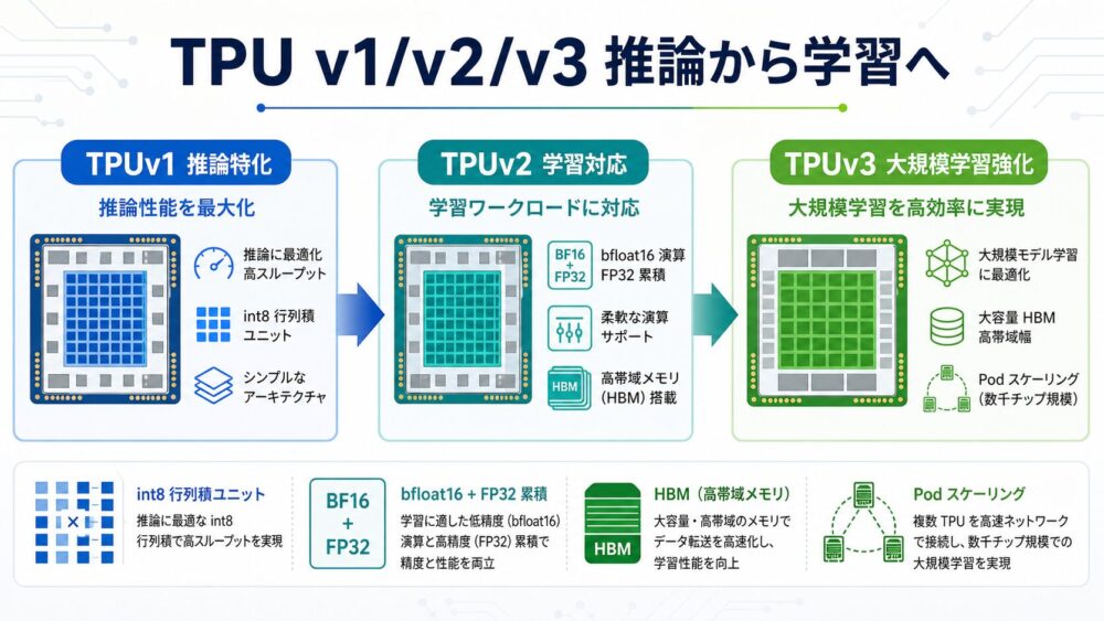 TPUv1、TPUv2、TPUv3の推論から学習への進化