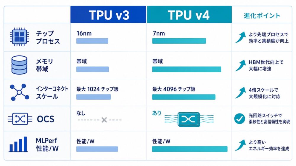 TPU v4とTPU v3の比較観点