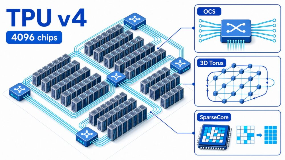 TPU v4の4096チップ構成とOCS、3D Torus、SparseCoreの全体像
