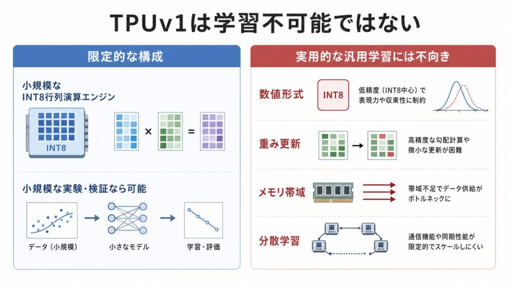 TPUv1は学習不可能ではなく学習向け最適化ではない