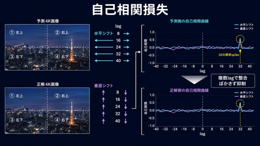 予測画像と正解画像の自己相関を複数lagで合わせ周期ピークを抑える仕組み