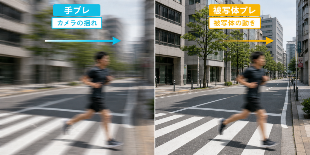 画面全体が流れる手ブレと被写体だけが流れる被写体ブレの比較
