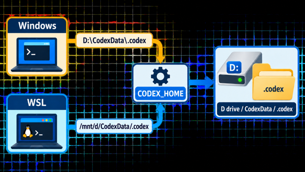 WindowsとWSLのCODEX_HOMEがDドライブ上の同じ保存先を指す関係