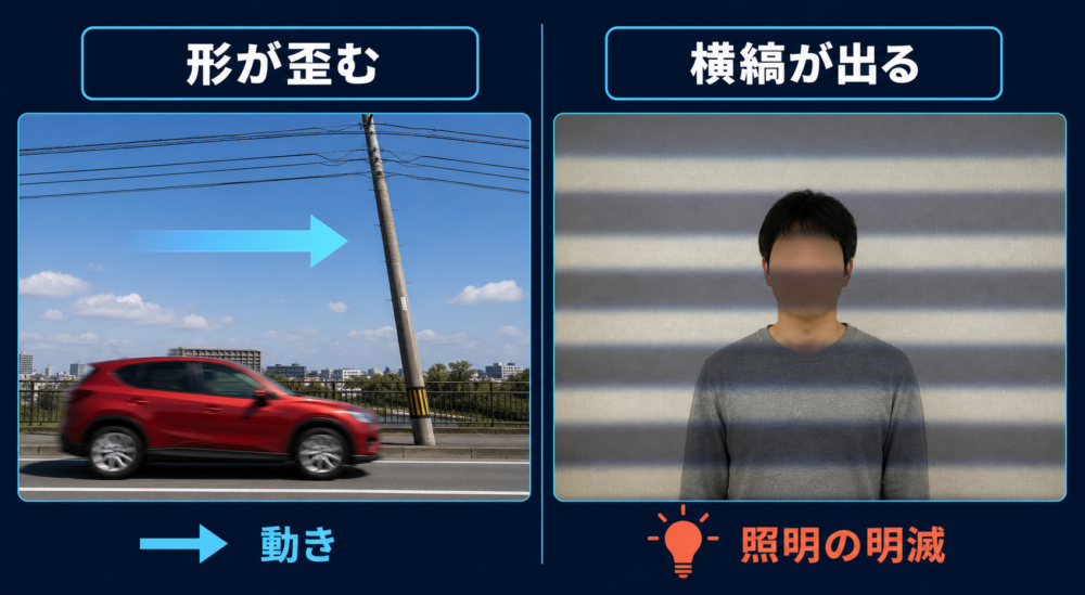 動きで形が歪むローリングシャッター現象と、照明の明滅で横縞が出る現象の比較