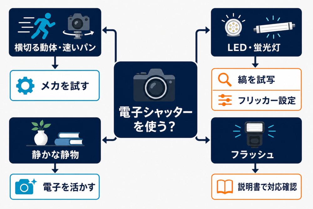 動体、パン、人工照明、フラッシュの有無からシャッター方式と確認項目を選ぶ判断図