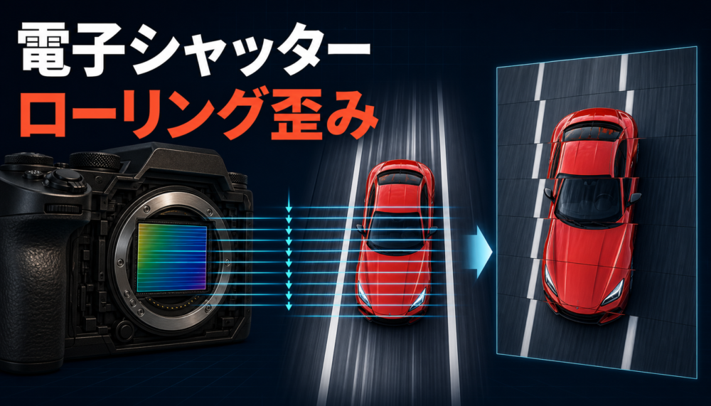 電子シャッターが動く車を上から下へ順次読み取り、車体が斜めに歪むイメージ