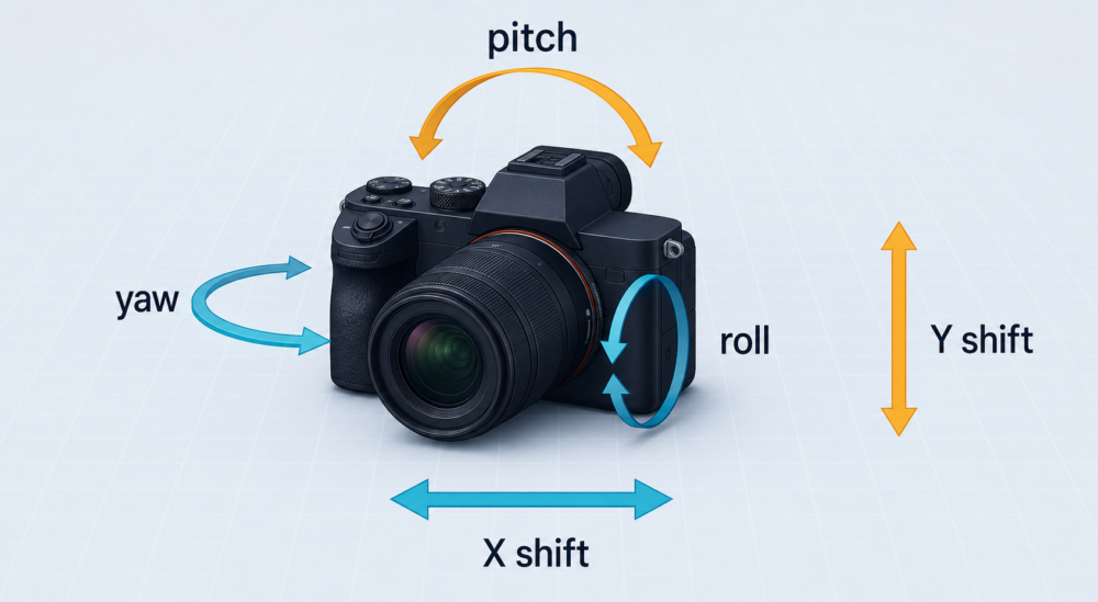 カメラのpitch・yaw・rollとX・Y shiftを示す5軸補正図