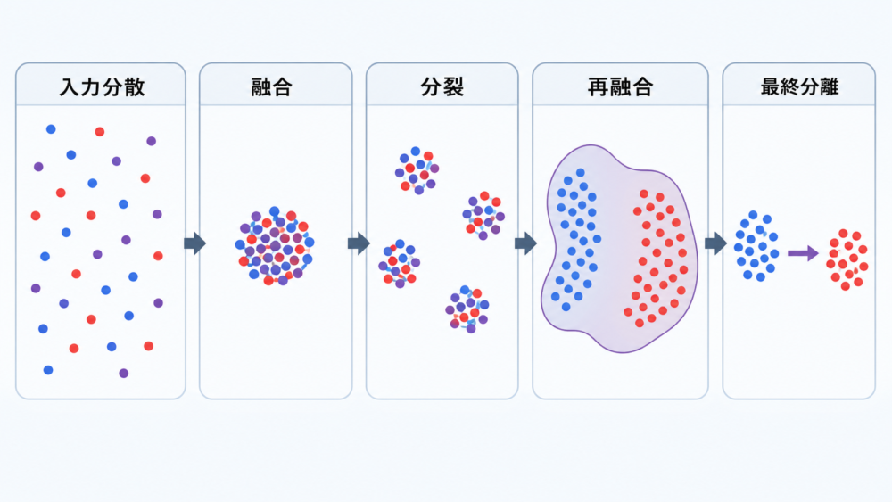 Transformer層を通る融合・分裂・再融合・分離