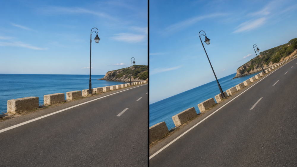 道路の自然な斜め線とカメラ全体を傾けた写真の比較