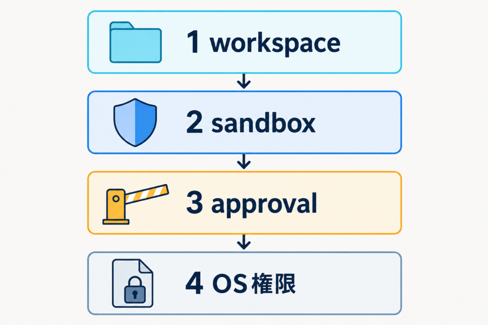 workspace、sandbox、approval、OS権限を順番に確認する診断図