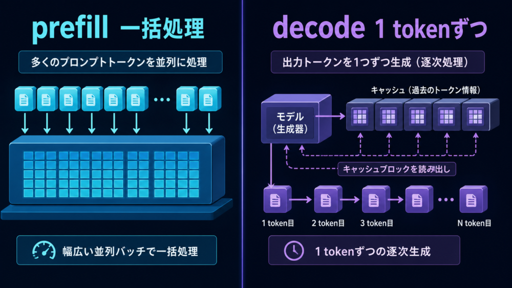 LLM推論をprefillとdecodeに分けた処理フロー