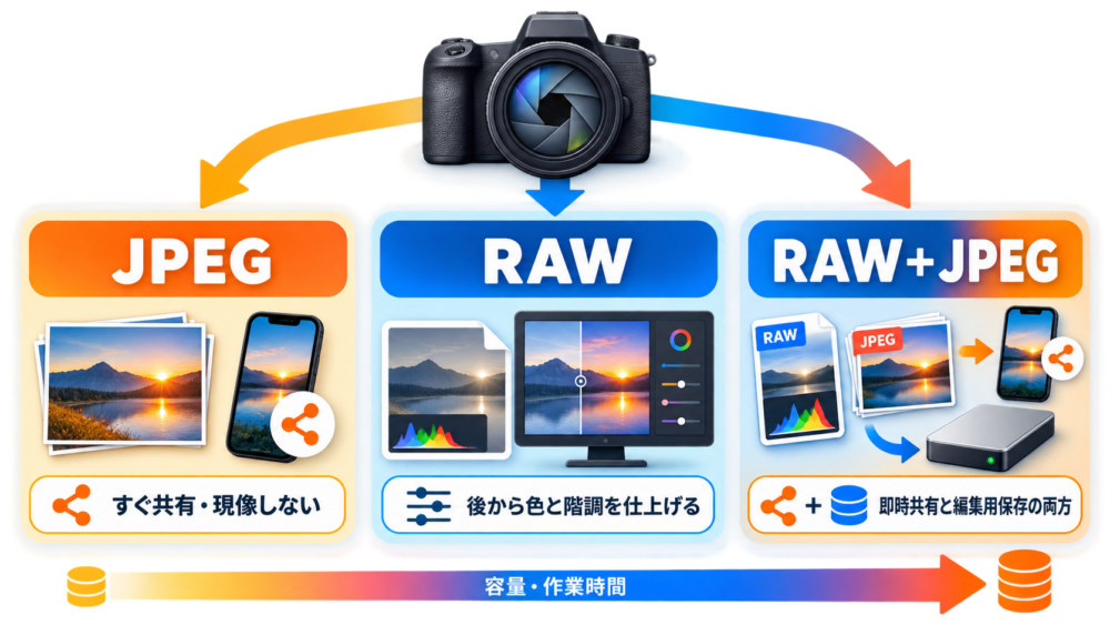 撮影後の用途からJPEG、RAW、RAW+JPEGを選ぶ判断図
