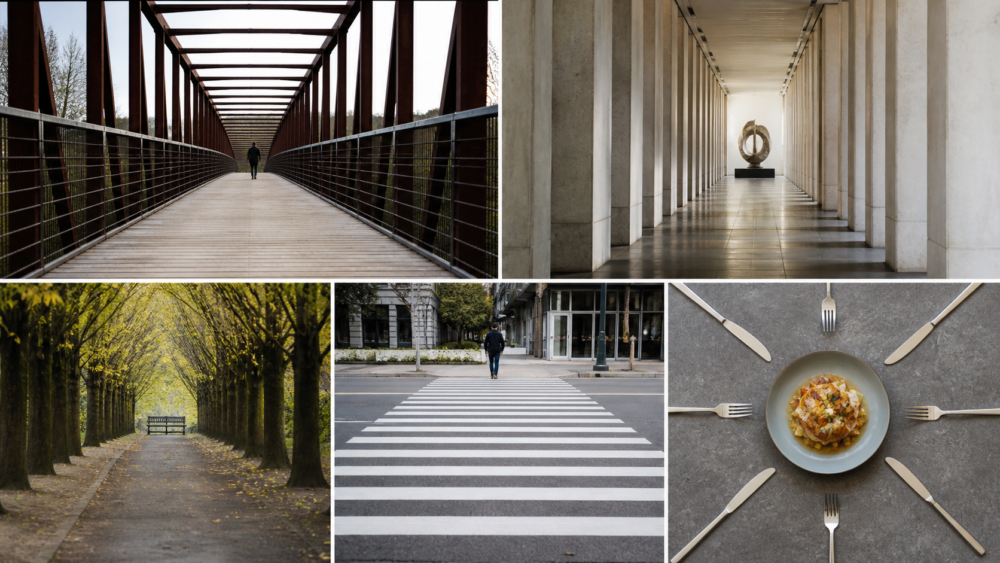 道路、建築、並木、街の人物、物撮りに放射線構図を使った作例