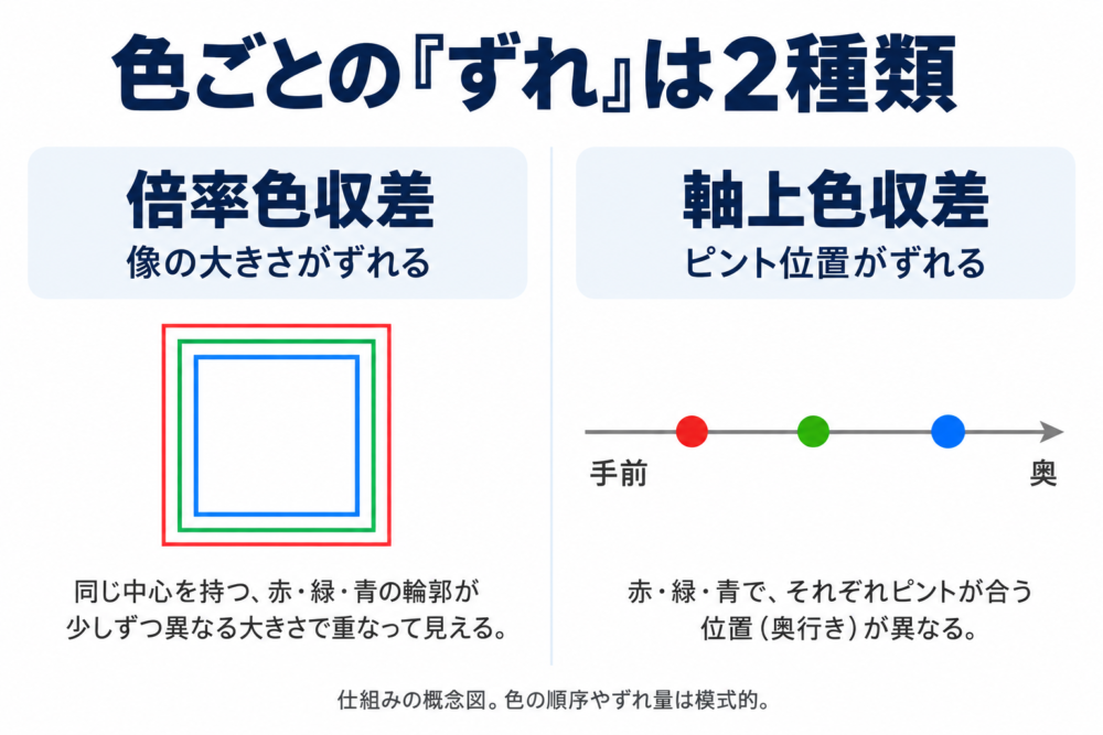 色ごとの像の大きさのずれと、前後のピント位置のずれを分けた模式図