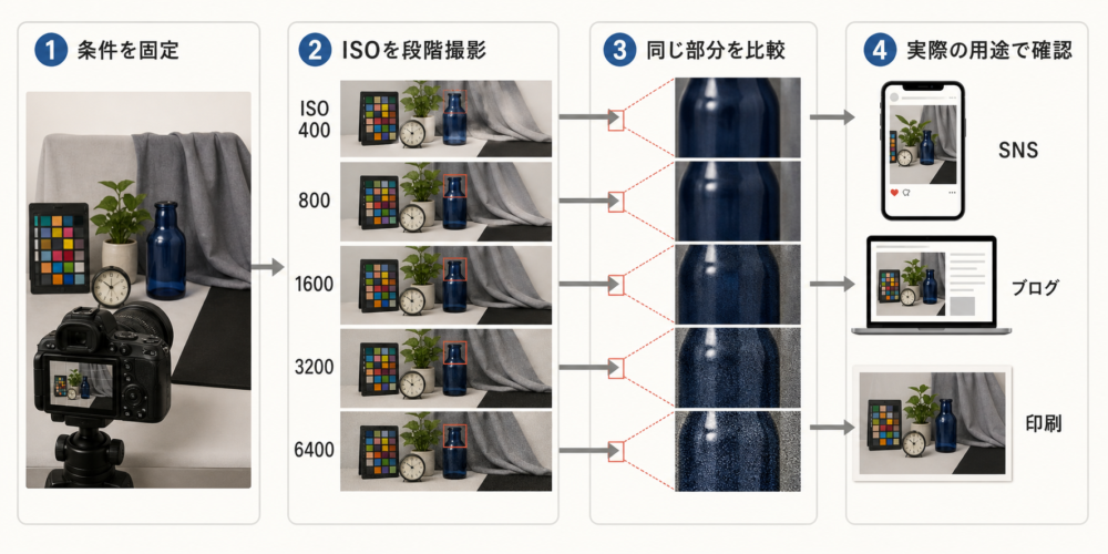 三脚でISOを段階撮影し同じ部分と最終出力サイズで許容画質を確認する手順