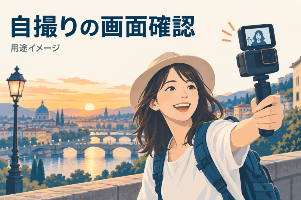 フリップ画面を確認しながら旅行の自撮りをする用途イメージ