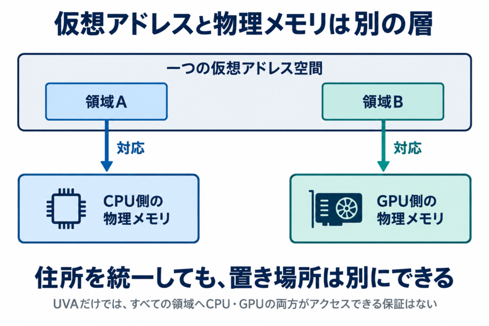 仮想アドレスの領域Aと領域Bが、それぞれ別の物理メモリに対応する模式図