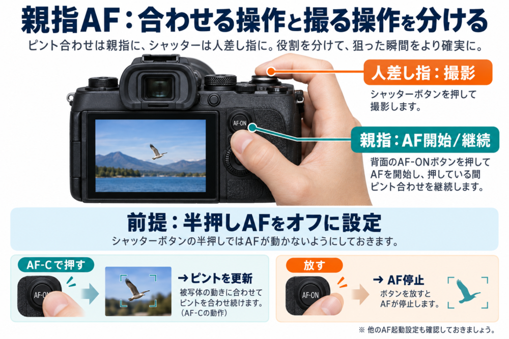 親指AFで背面ボタンによるピント合わせと人差し指による撮影を分ける模式図