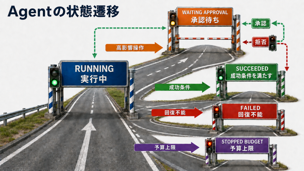 実行中から承認待ち・成功・失敗・予算停止へ分岐するAgentの状態遷移