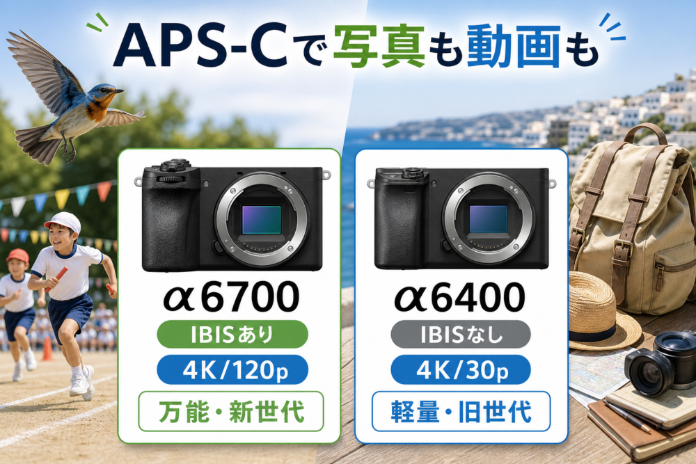 α6700とα6400のAPS-C用途と機能差を表す独自生成比較イメージ