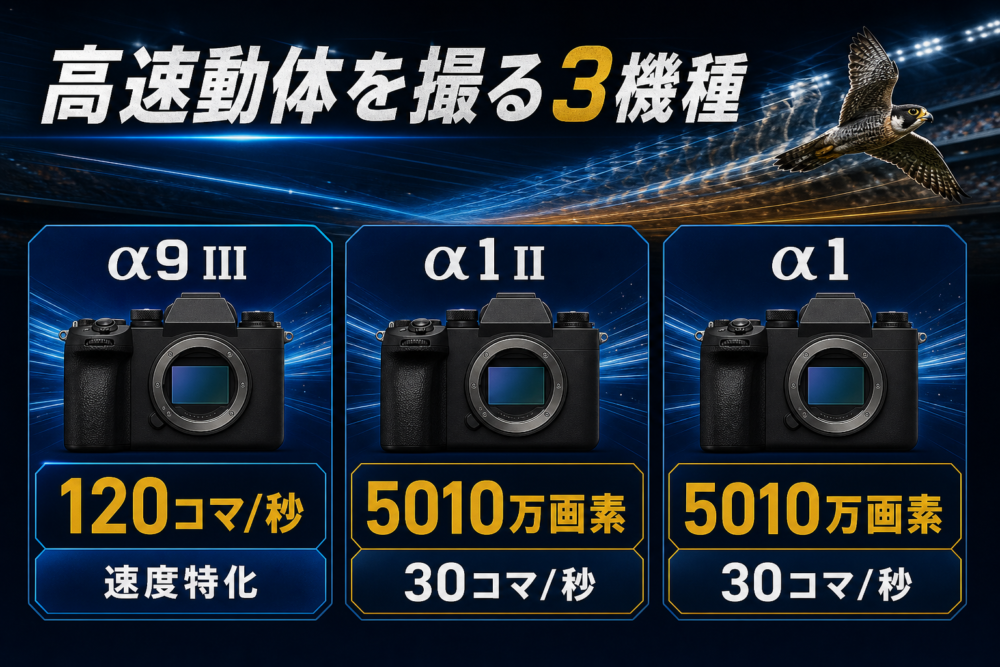 α9 III、α1 II、α1の高速動体性能を表す独自生成比較イメージ