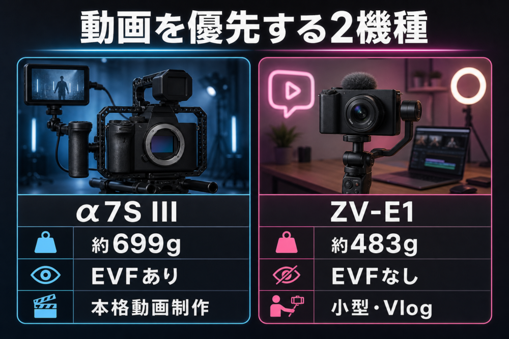 α7S IIIとZV-E1の動画制作スタイルを表す独自生成比較イメージ