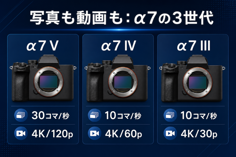 α7 V、α7 IV、α7 IIIの世代差を表す独自生成比較イメージ