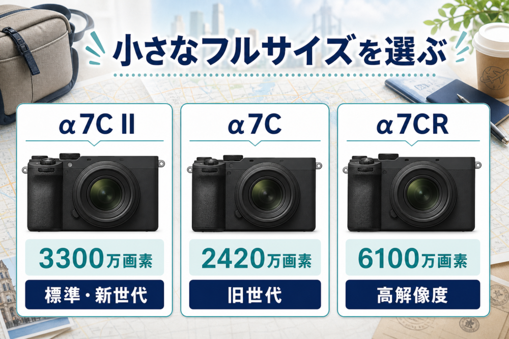 α7C II、α7C、α7CRの携帯性と画素数を表す独自生成比較イメージ