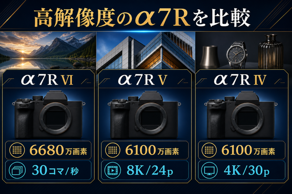 α7R VI、α7R V、α7R IVの高解像度用途を表す独自生成比較イメージ