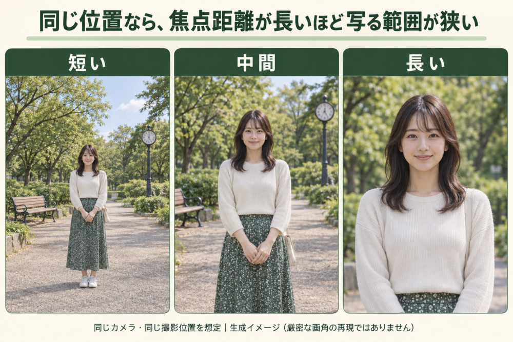 同じ撮影位置で焦点距離が長くなるほど写る範囲が狭くなる模式比較