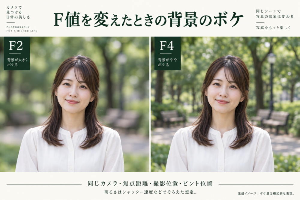 同じ構図と明るさでF2とF4の背景のボケの傾向を示す生成図