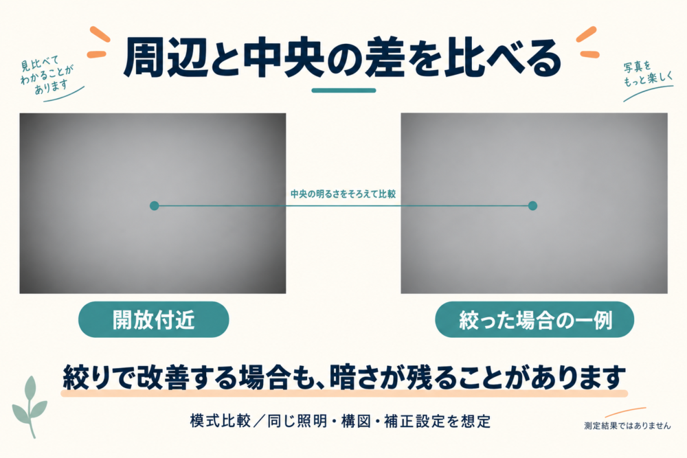 中心の明るさをそろえた開放付近と絞った場合の周辺光量の模式比較