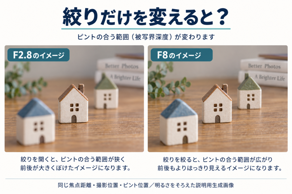 同じ小物の配置で、F2.8とF8の被写界深度の違いを示す生成イメージ