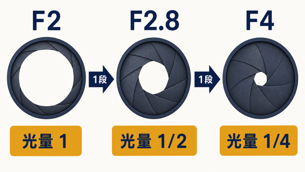 F値を1段変えたときの絞り穴と光量の違い