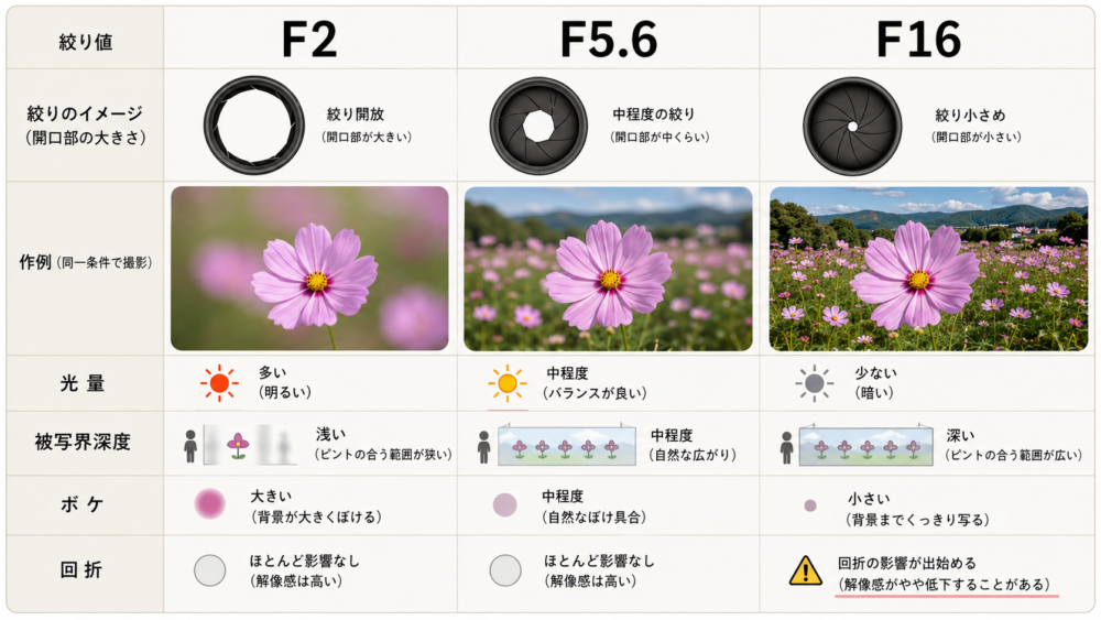 F2・F5.6・F16における光量・被写界深度・ボケ・回折の比較
