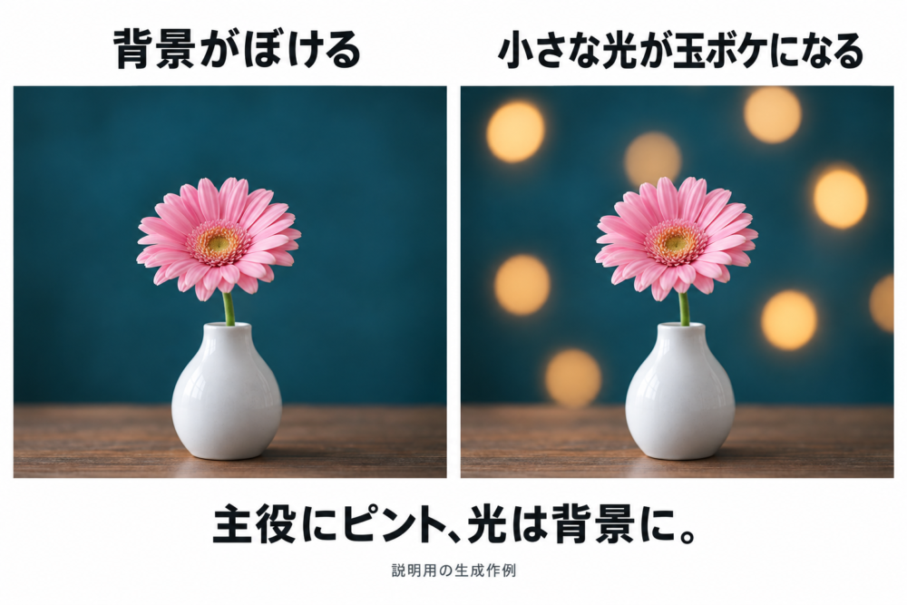 同じ花瓶の左右比較。左は光のないなめらかな背景、右は小さな照明が丸くぼけた背景。花瓶と花は両方鮮明。